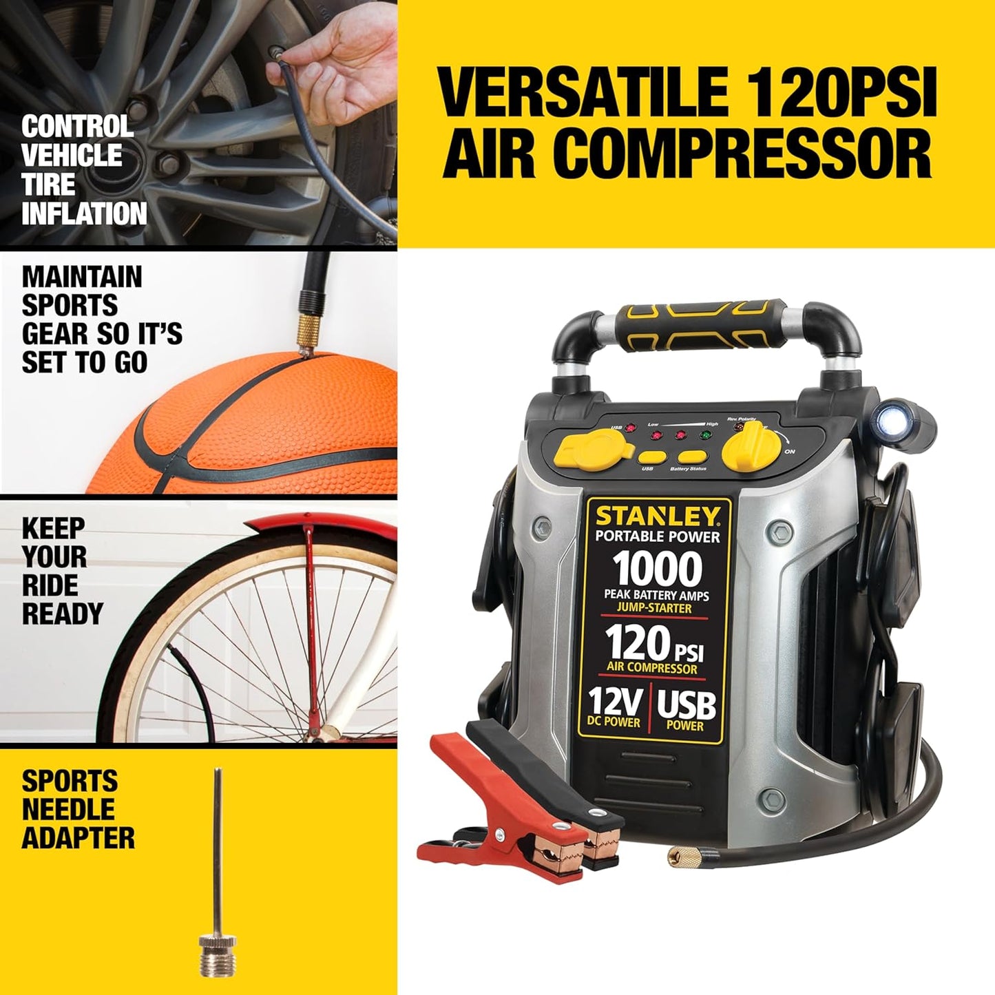 STANLEY J5C09 1000 Peak Amp Automotive Jump Starter, Portable Power – 2.1A/10W USB Port, 12V Outlet, 120 PSI Air Compressor for Tires, Bikes & Sports Equipment