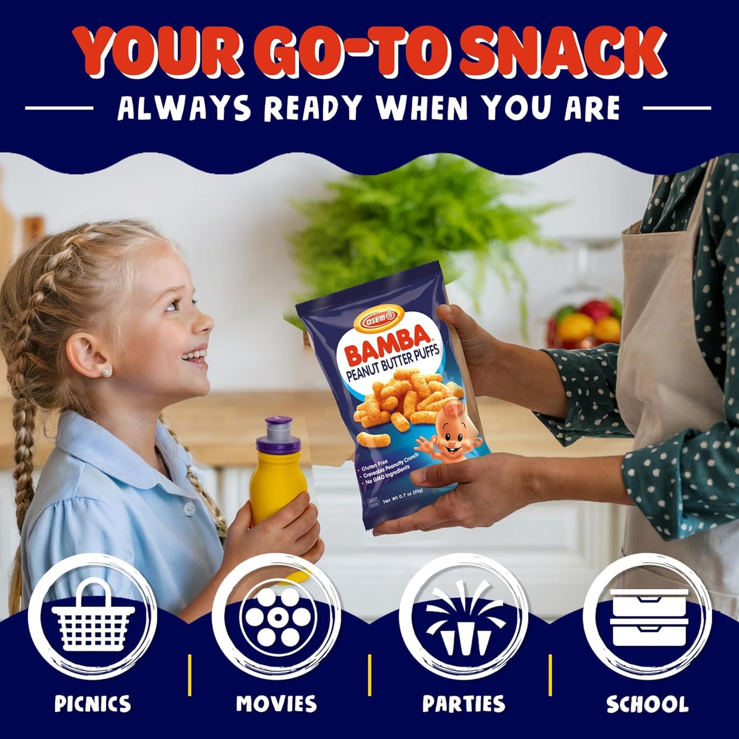 Osem Bamba Peanut Butter Puffs - Peanut Butter Puffs Bulk, Vegan PB Snack with Crunch for Kids, Grain Free Protein Snack, No Sugar, Family Pack - 0.7oz Bags 8 Pack