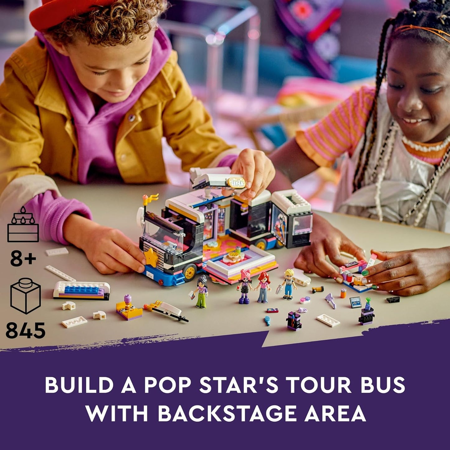 LEGO Friends Pop Star Tourbus Vehicle Building Kit, Social-Emotional Toys with Bus and 4 Dolls, Gift for Kids, Girls and Boys 8 Years and Up 42619