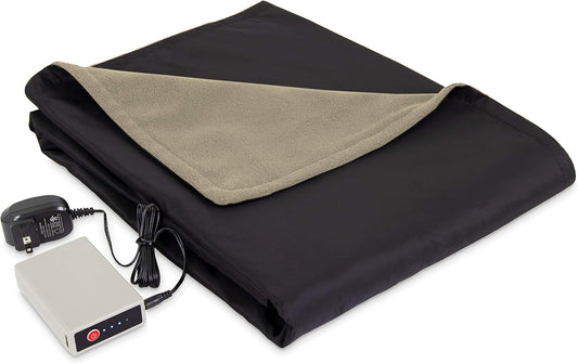 Eddie Bauer - Heated Throw Blanket, Water Resistant Throw with Warming Pocket & Rechargeable Battery, Weather Smart Fleece for Travel, Camping, and Outdoor Use (Khaki/Black)