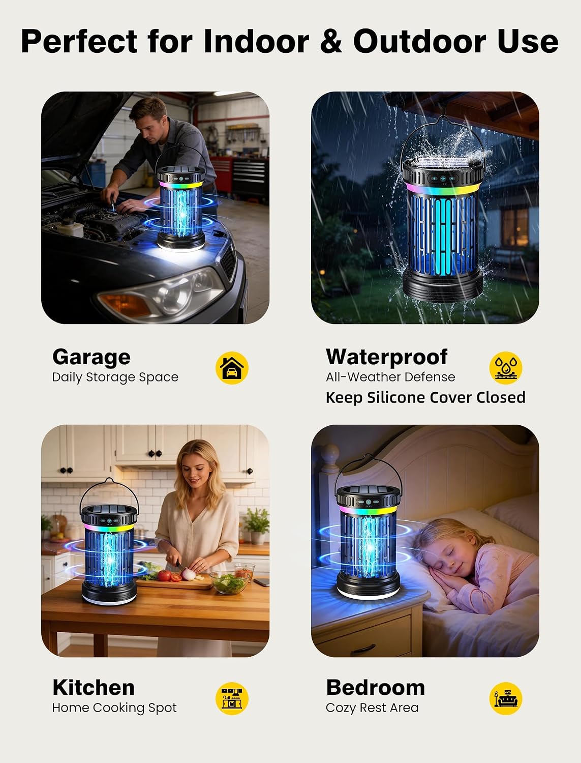 2 Pack Solar Bug Zapper & LED Camping Lantern – Rechargeable Mosquito Killer with UV Light, Hanging Hook, Solar Charging & Portable Outdoor Light