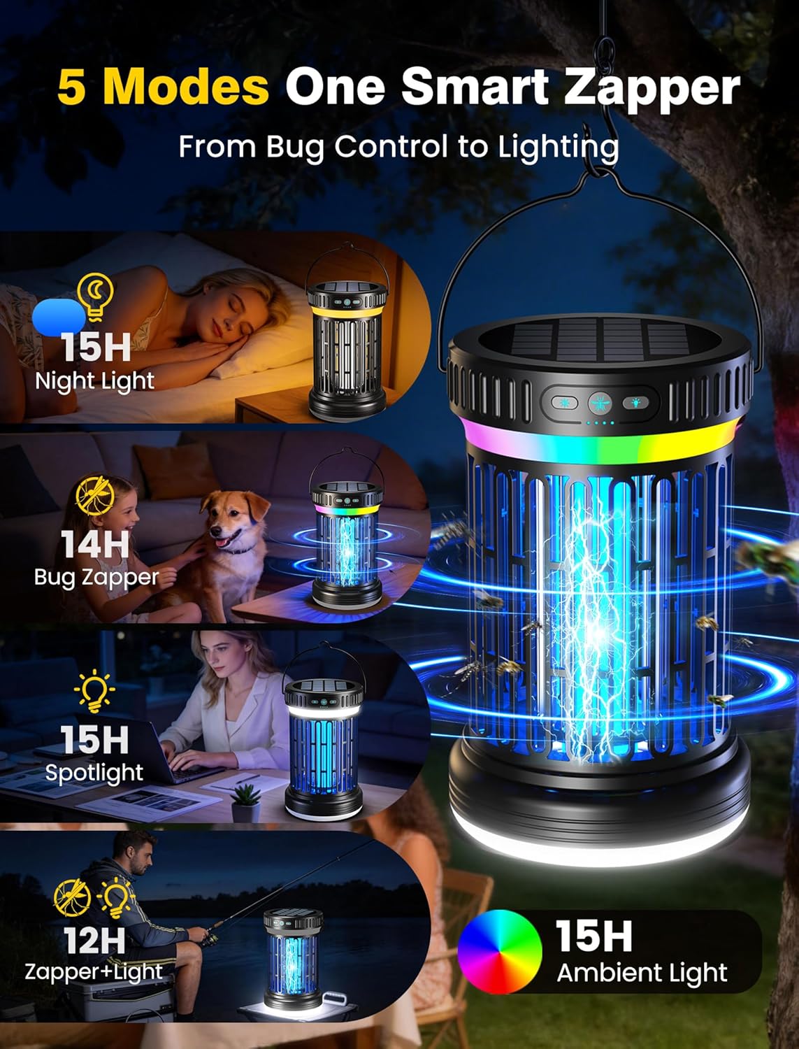 2 Pack Solar Bug Zapper & LED Camping Lantern – Rechargeable Mosquito Killer with UV Light, Hanging Hook, Solar Charging & Portable Outdoor Light