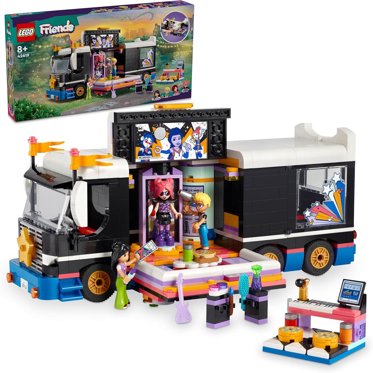 LEGO Friends Pop Star Tourbus Vehicle Building Kit, Social-Emotional Toys with Bus and 4 Dolls, Gift for Kids, Girls and Boys 8 Years and Up 42619