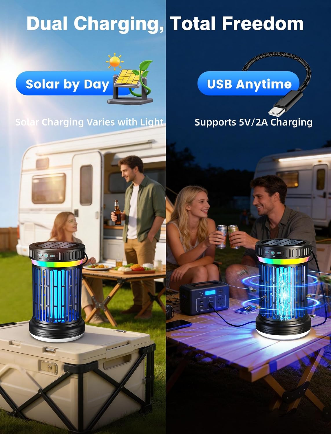 2 PACK Solar Bug Zapper & LED Camping Lantern – Rechargeable Mosquito Killer with UV Light, Hanging Hook, Solar Charging & Portable Outdoor Light