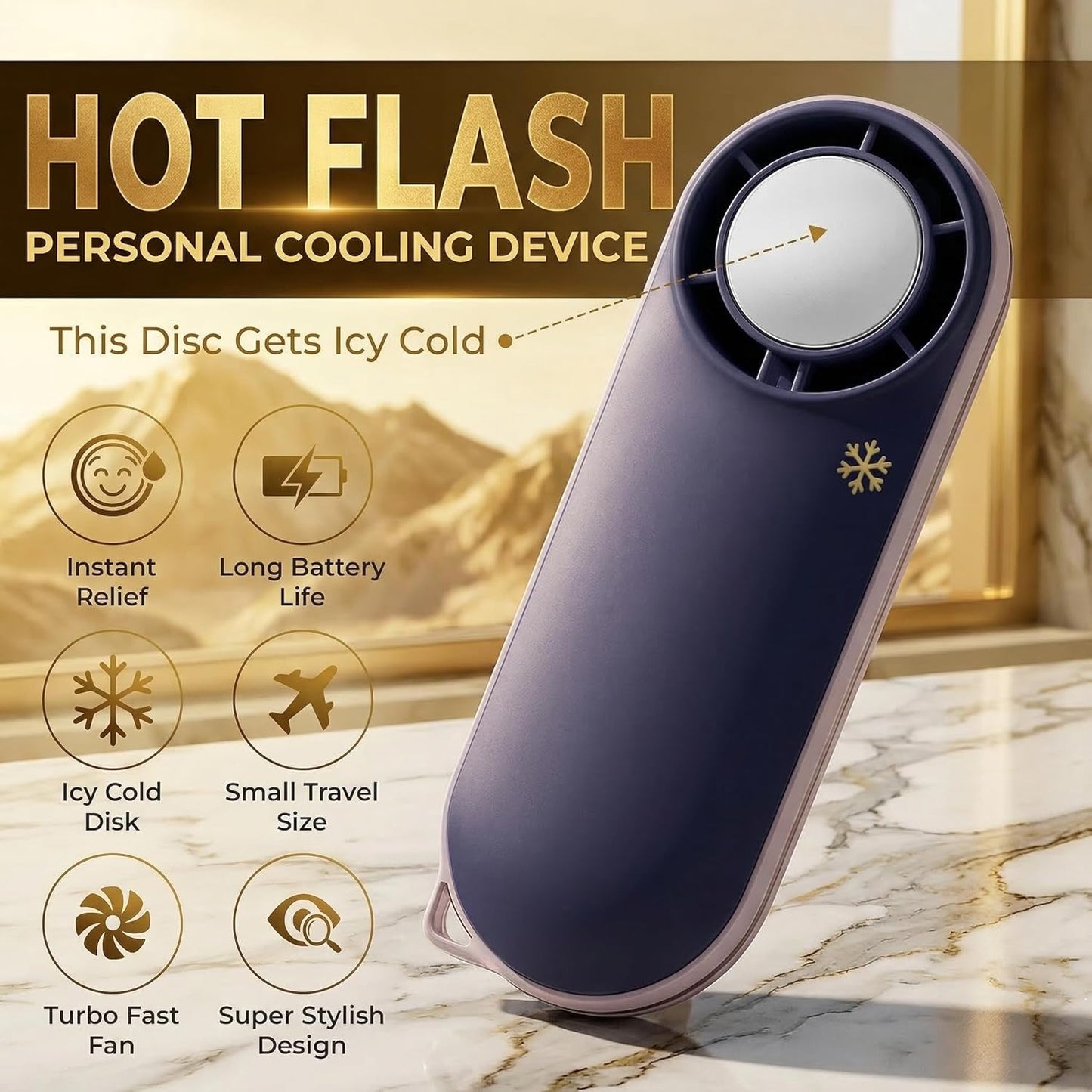 Hot Flashes Instant Cooling. Device Cools You 2 Ways- Icy Cold Contact Disc for Skin Or 100-Speed Mini Fan for Wind - Small, Portable, Stylish, Rechargeable Gift-Blue