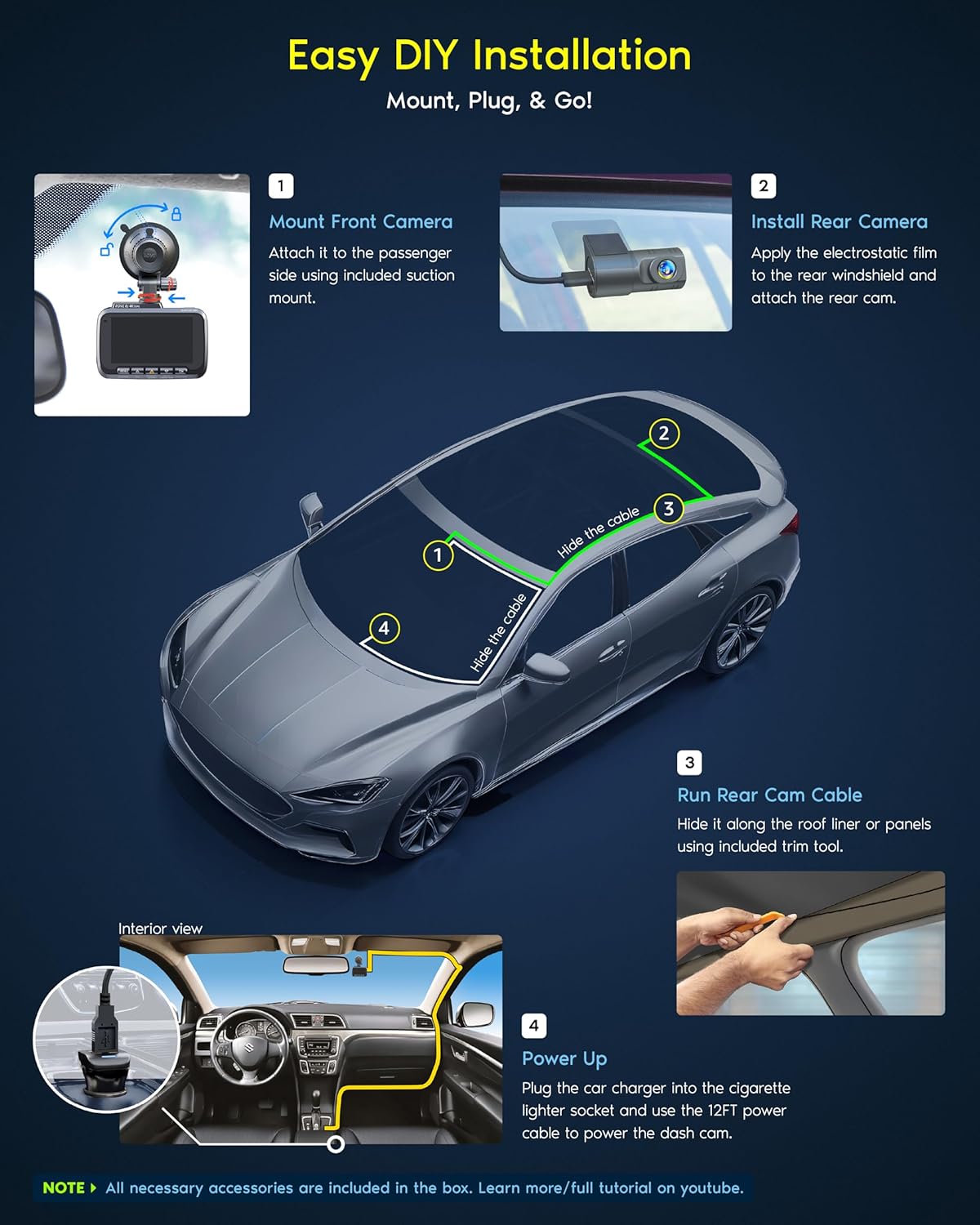 OVE R2-4K DUAL Dash Cam Front and Rear, STARVIS 2 Sensor, FREE 128GB Card Included
