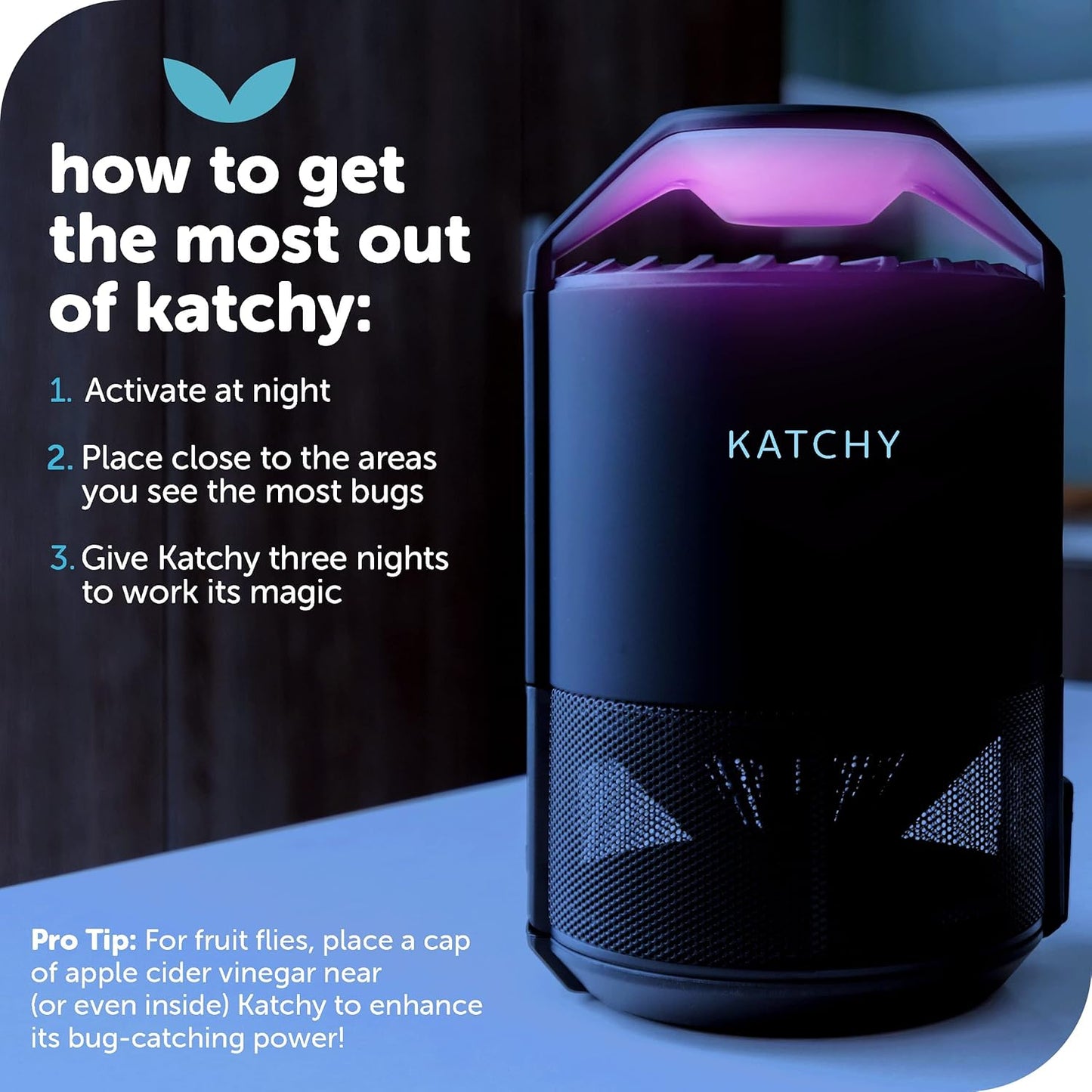 The Original Katchy Indoor Insect Trap - Fan Powered with UV Light - Fruit Fly Traps for Indoors - for Fruit Flies, Gnats, Mosquitoes, Moths (Black)