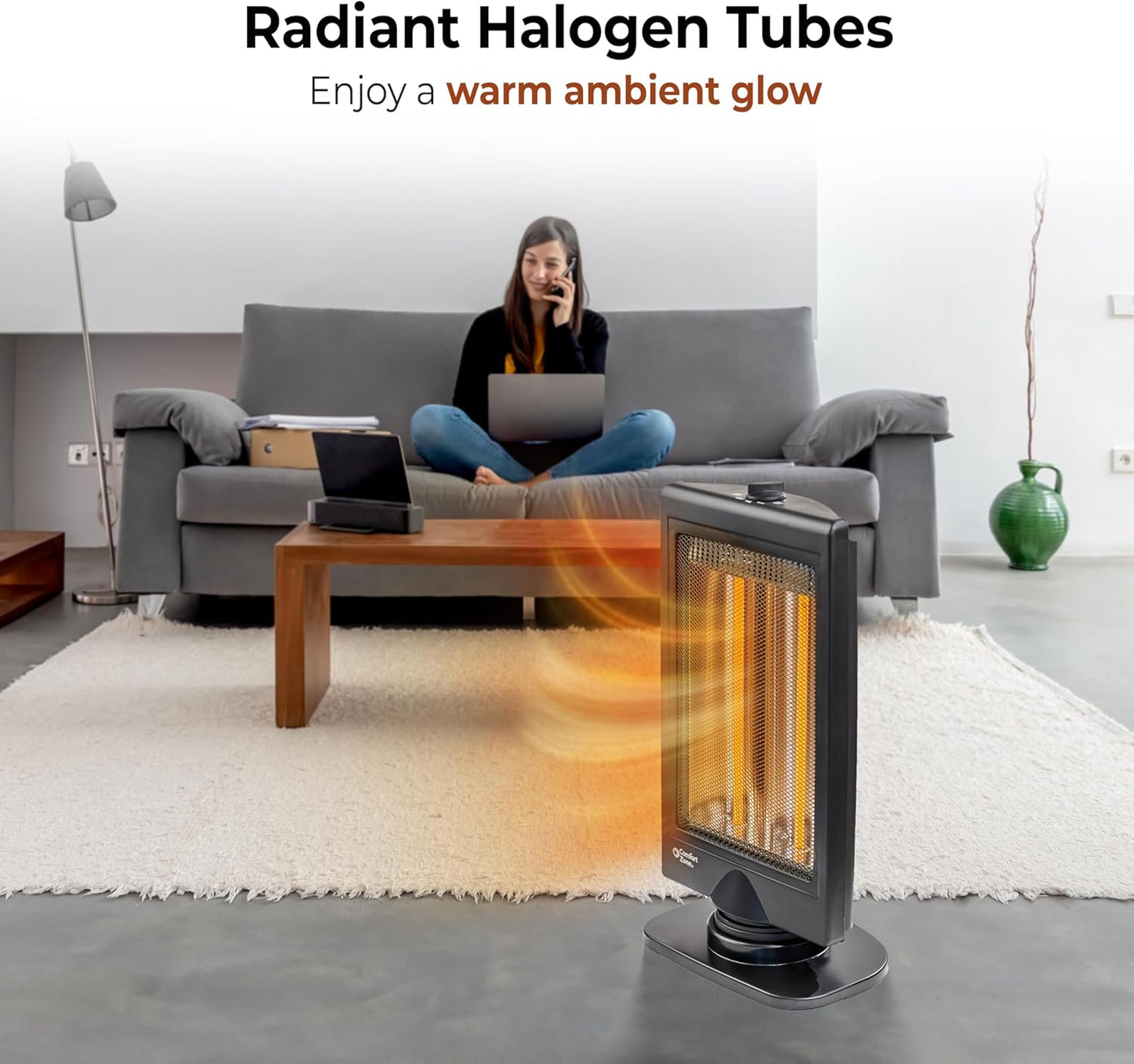 Comfort Zone Oscillating Portable Space Heater, Flat Panel, Halogen, Infrared, Electric, Adjustable Tilt, Overheat Sensor, Stay-Cool, & Tip-Over Switch, Ideal for Home, Bedroom, & Office, 800W, CZHTV9