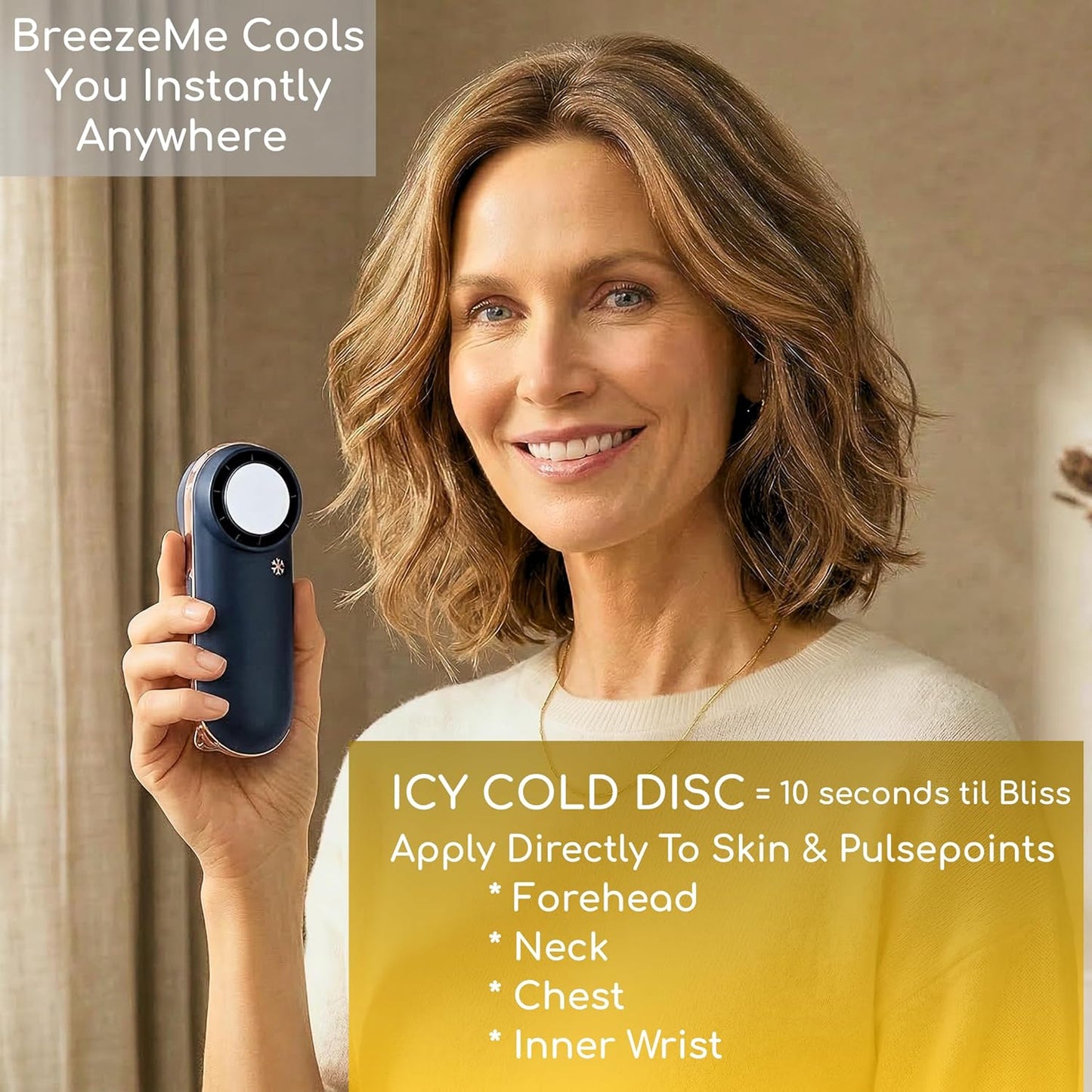 Hot Flashes Instant Cooling. Device Cools You 2 Ways- Icy Cold Contact Disc for Skin Or 100-Speed Mini Fan for Wind - Small, Portable, Stylish, Rechargeable Gift-Blue