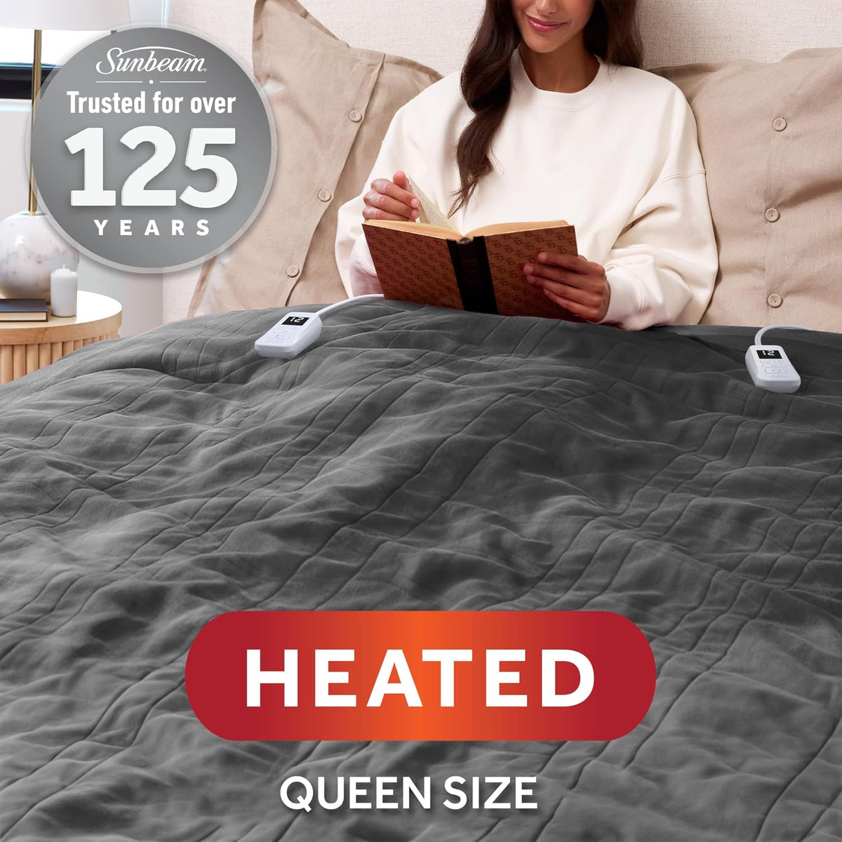 Sunbeam Royal Posh Velvet Heated Electric Blanket Queen Size, 90" x 84", 12 Heat Settings, 12-Hour Selectable Auto Shut-Off, Fast Heating
