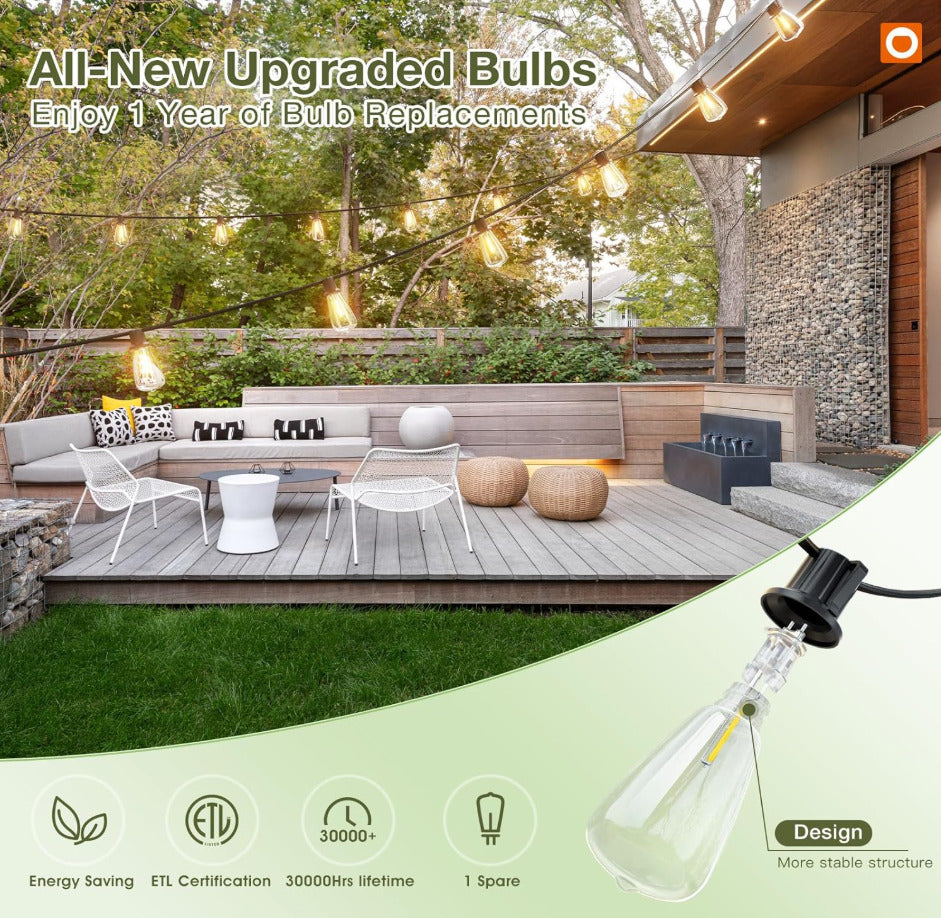 54FT(48+6) Solar String Lights Outdoor Waterproof with USB Charging & Remote Control - Dimmable Solar Power Patio Lights with LED Bulbs for Porch, Garden, Yard, Market, Bistro - Last for 20+Hrs
