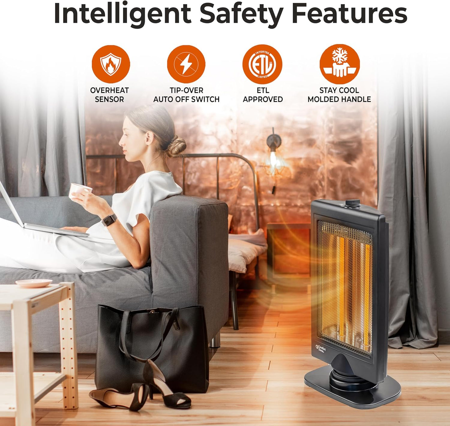 Comfort Zone Oscillating Portable Space Heater, Flat Panel, Halogen, Infrared, Electric, Adjustable Tilt, Overheat Sensor, Stay-Cool, & Tip-Over Switch, Ideal for Home, Bedroom, & Office, 800W, CZHTV9