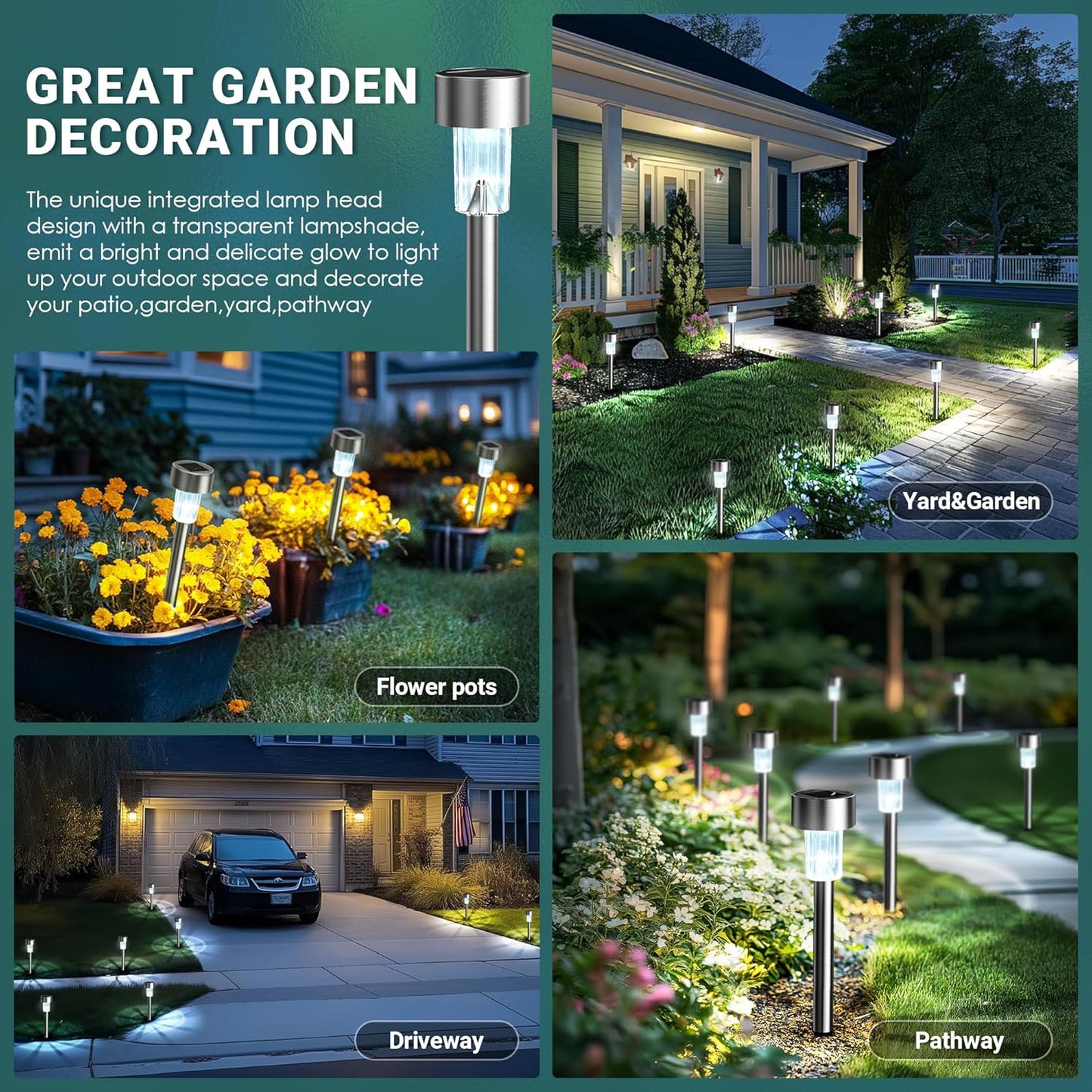 20 Pack, Stainless Steel LED Solar Garden Lights for Patio