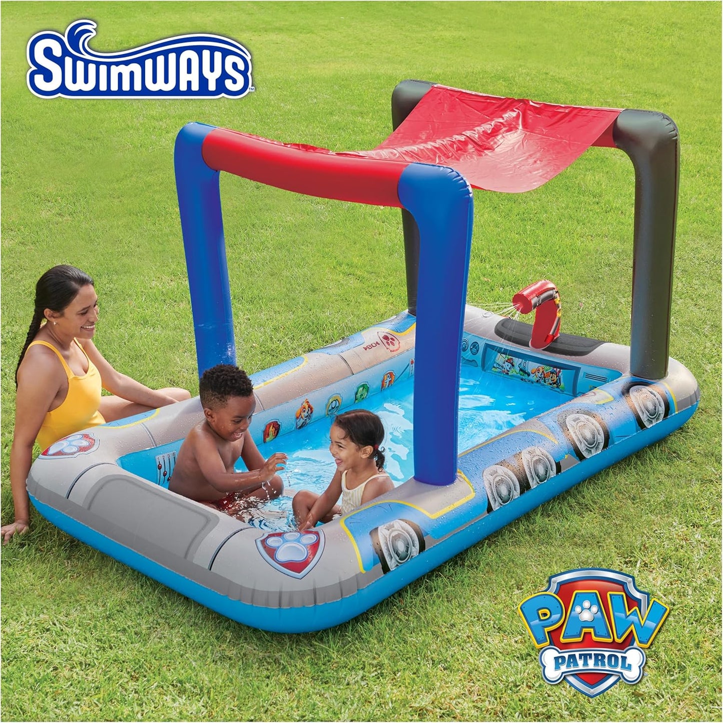 SwimWays Paw Patrol Deluxe Inflatable Pool, Above Ground Pool with Canopy and Fast Inflation for Kids Aged 3 & Up