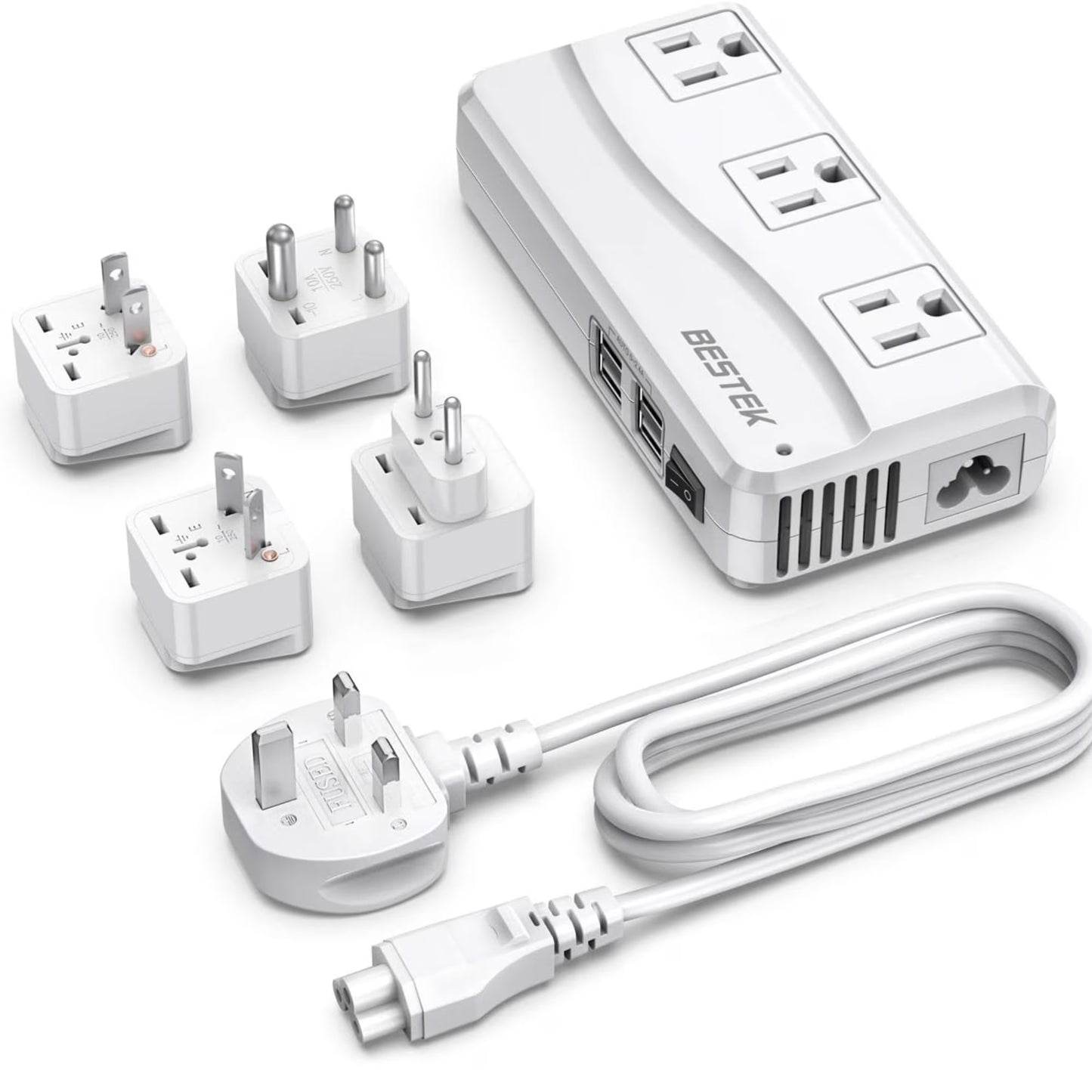 BESTEK 250W Universal Travel Adapter 100-220V to 110V Voltage Converter with 6A 4-Port USB Charging 3 AC Sockets and EU/UK/AU/US/India Plug Adapter (White)