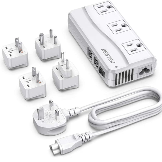 BESTEK 250W Universal Travel Adapter 100-220V to 110V Voltage Converter with 6A 4-Port USB Charging 3 AC Sockets and EU/UK/AU/US/India Plug Adapter (White)
