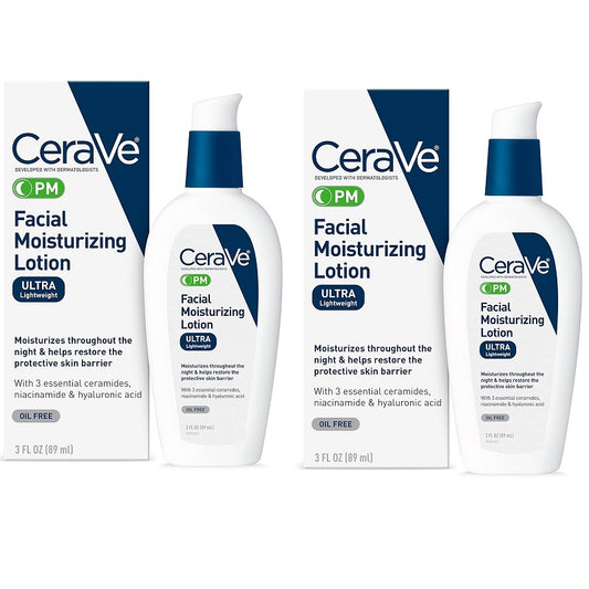 2 Pack CeraVe PM Facial Moisturizing Lotion, Night Cream with Hyaluronic Acid and Niacinamide