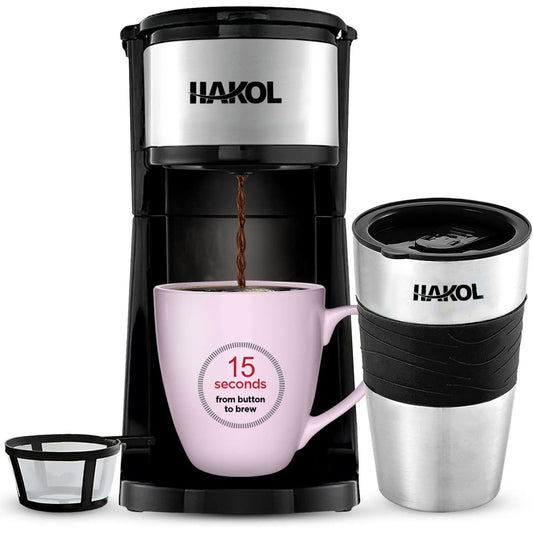 Assorted Hakol Mini Travel Single Serve Coffee Maker & 15 oz. Travel Mug Coffee Tumble