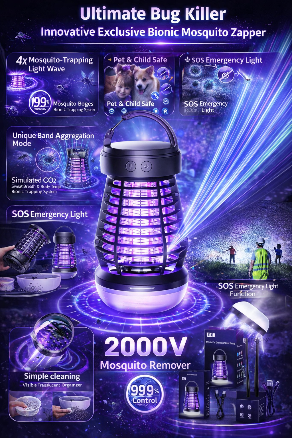 3 in 1 Outdoor & Indoor Bug Zapper – 7 Hour – Frequency & Blue Light Attraction-Rechargeable