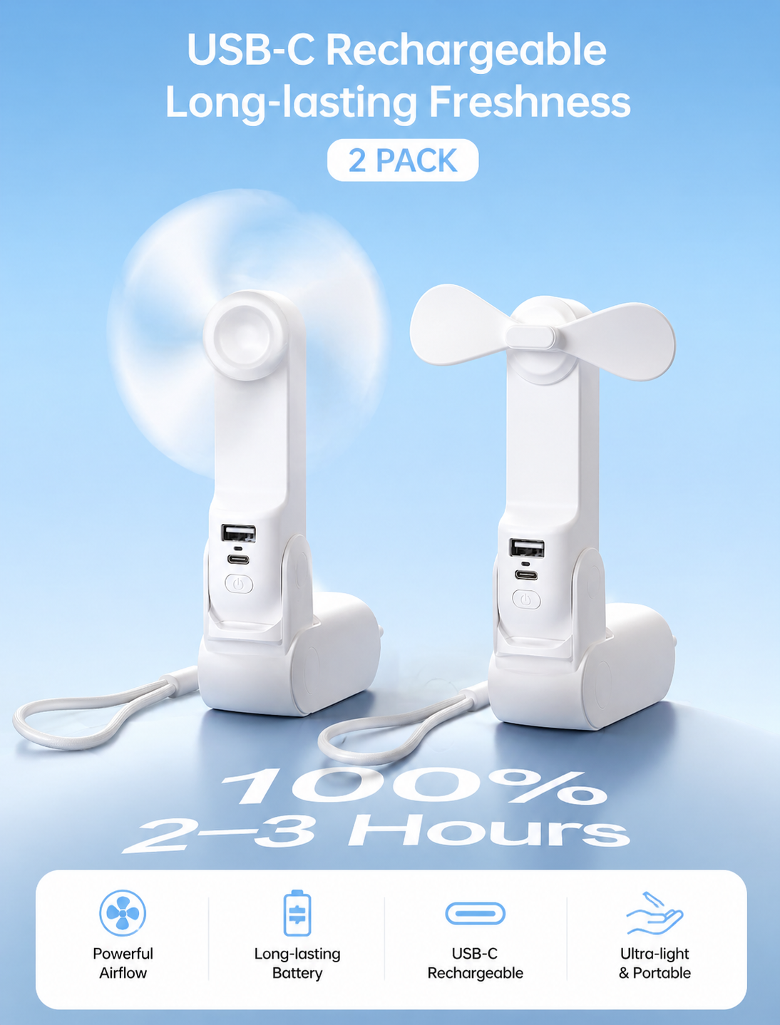 2 Pack 3 IN 1 Handheld Mini Fan - Portable Fan & Power Bank & Flashlight