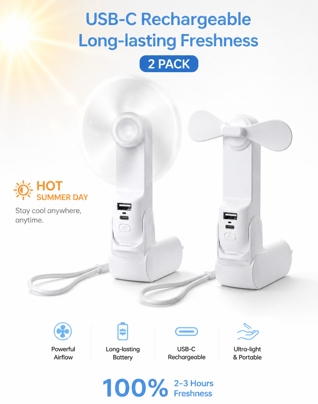 2 Pack 3 IN 1 Handheld Mini Fan - Portable Fan & Power Bank & Flashlight