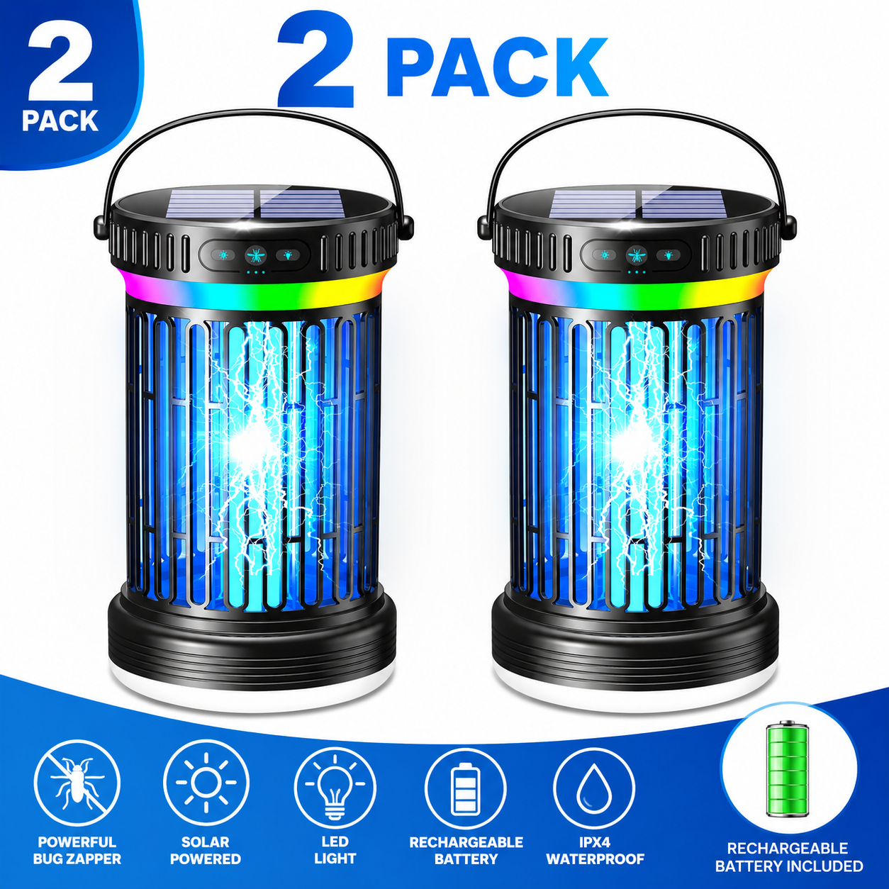 2 PACK Solar Bug Zapper & LED Camping Lantern – Rechargeable Mosquito Killer with UV Light, Hanging Hook, Solar Charging & Portable Outdoor Light