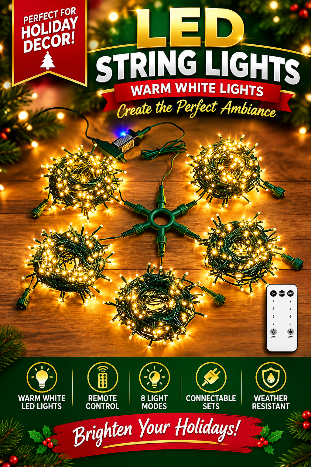 750 LED 245FT Star String Lights – Warm White – 8 Modes – Green Wire