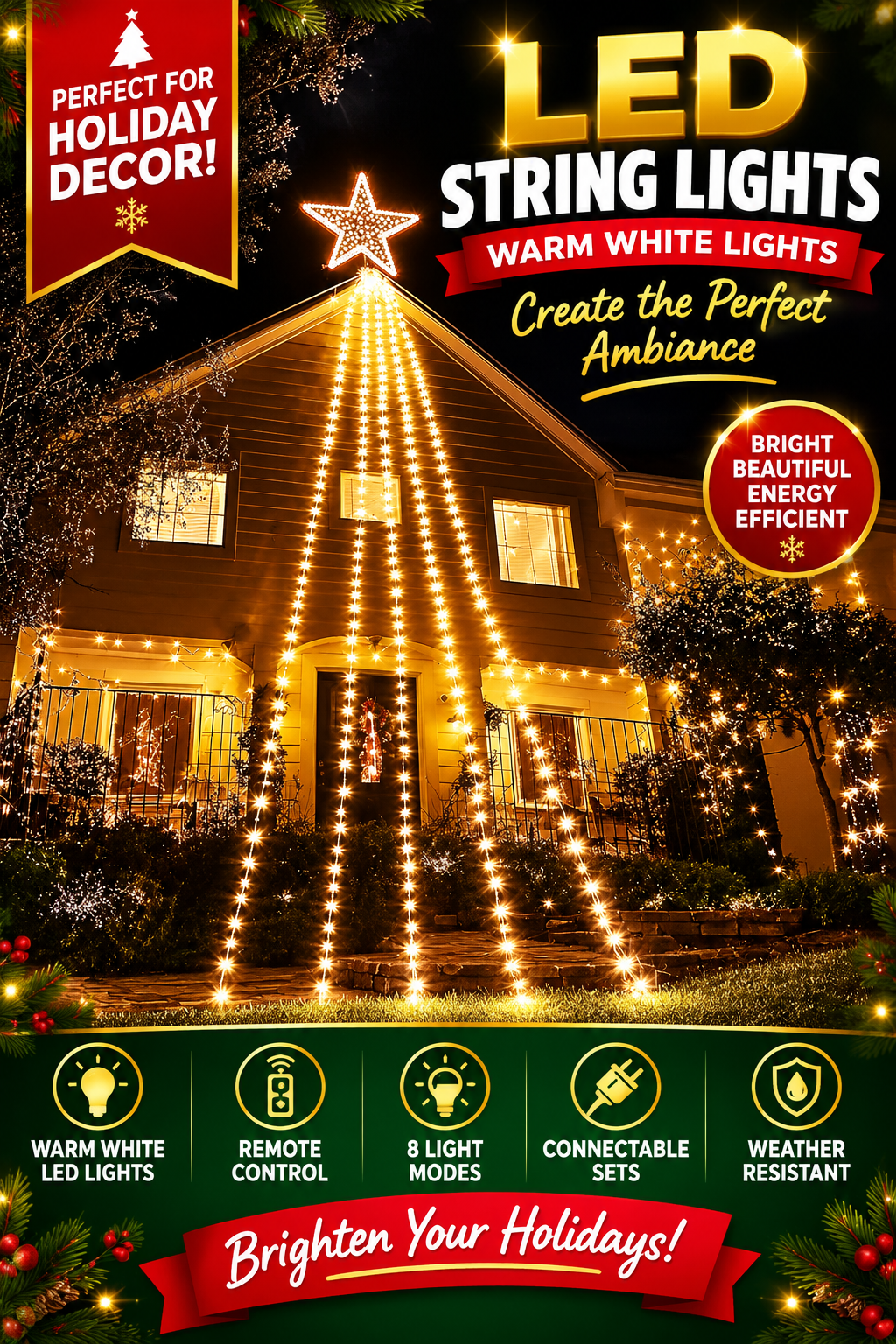 750 LED 245FT Star String Lights – Warm White – 8 Modes – Green Wire