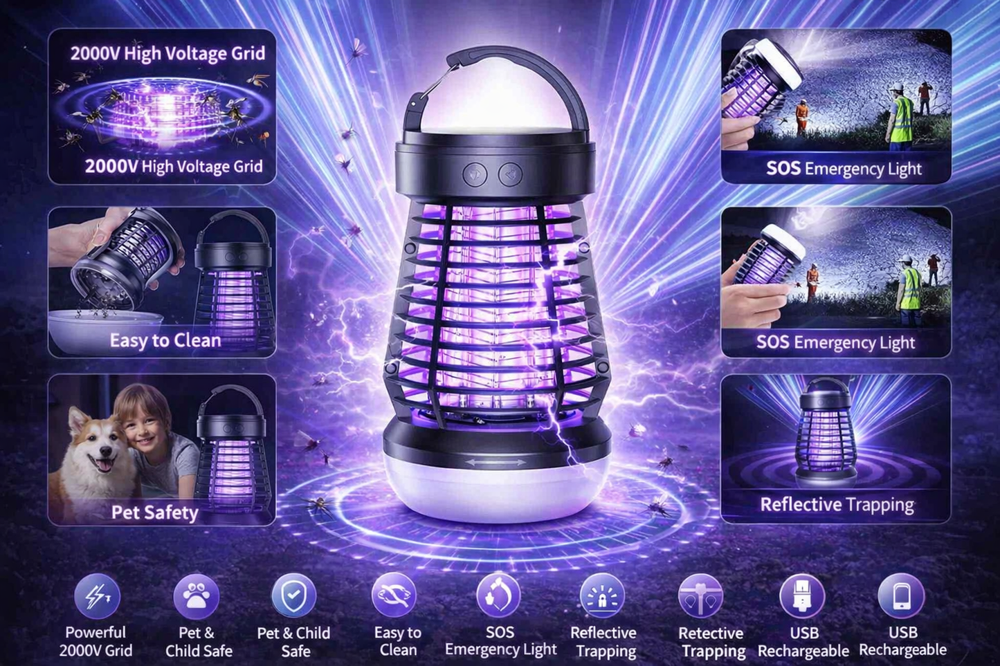 3 in 1 Outdoor & Indoor Bug Zapper – 7 Hour – Frequency & Blue Light Attraction-Rechargeable