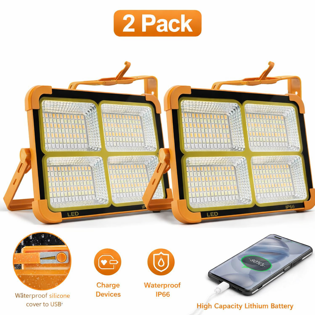 2 Pack Portable LED Solar Light 100W 16500mAh 10000 LM
