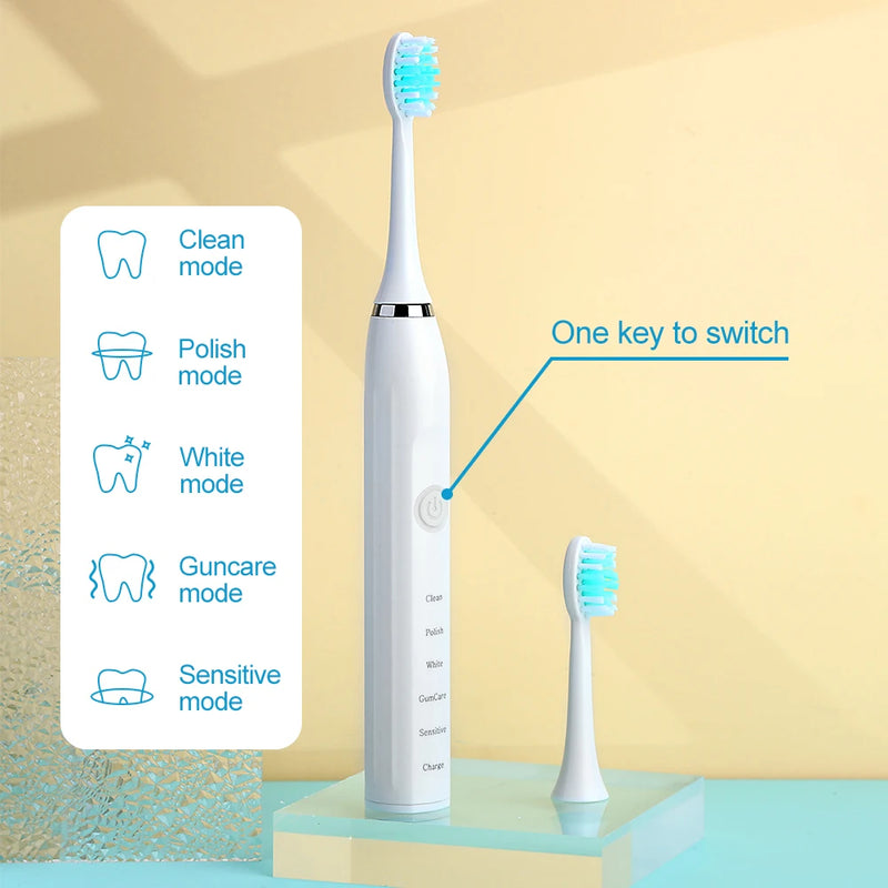 Waterproof 6 Brush Head Teeth Cleaning Brush USB Rechargeable Sonic Electric Toothbrush