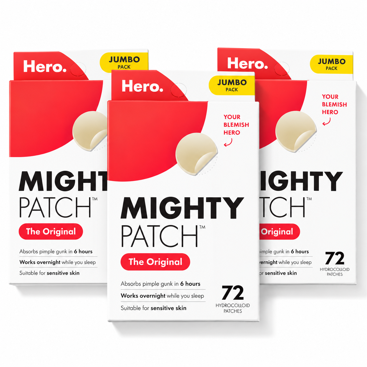 3 Pack Mighty Patch Hero Cosmetics Original Nighttime Acne Pimple Patches, 72 Ct