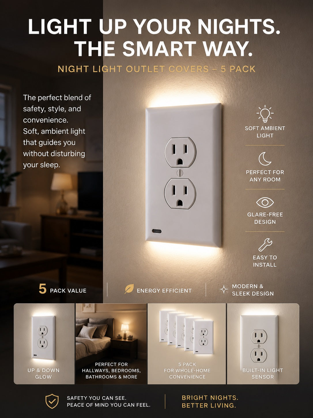 5-Pack Outlet Cover with Built-In LED Top/Bottom Night Light - 2 Styles