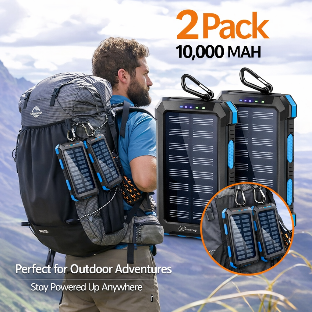 2‑Pack 10,000mAh Solar Charger  Dual USB + Type‑C/Micro USB Inputs