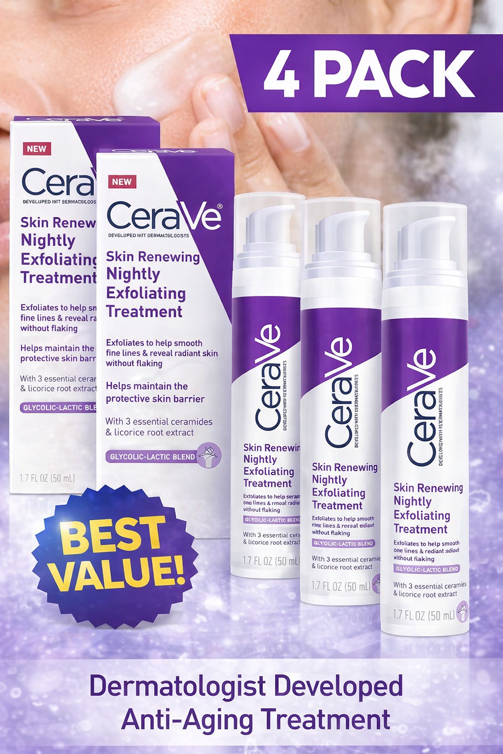 4 Pack CeraVe Skin Renewing Nightly Exfoliating Treatment