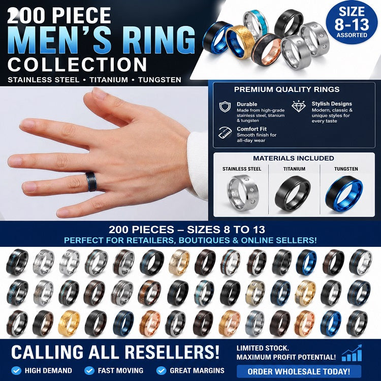 200-Piece Men's Ring Wholesale Lot – Stainless Steel, Titanium & Tungsten Rings | Assorted Sizes 8-13 | Perfect for Resellers