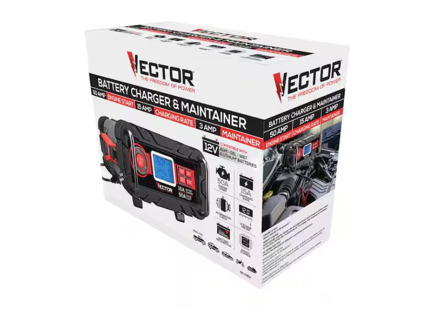 Vector 15 Amp Automatic 12V Battery Charger with 50 Amp Engine Start and Alternator Check
