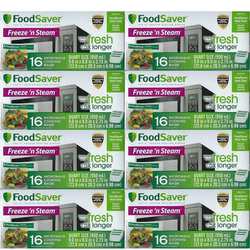 FoodSaver 1-Quart Freeze 'n Steam Microwavable Single-Cooking Bags, 16 Count, Clear (Pack of 8)