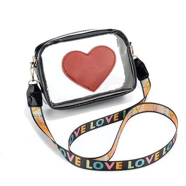 Clear PVC Jelly Bag – Fashionable Crossbody Messenger with Heart Patch for Women