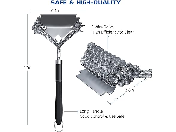 Grill Brush and Scraper Bristle Free, Grill Brush for Outdoor Grill, 17" Stainless Steel BBQ Brush for Grill Cleaning, Hooks Included