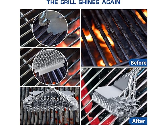 Grill Brush and Scraper Bristle Free, Grill Brush for Outdoor Grill, 17" Stainless Steel BBQ Brush for Grill Cleaning, Hooks Included