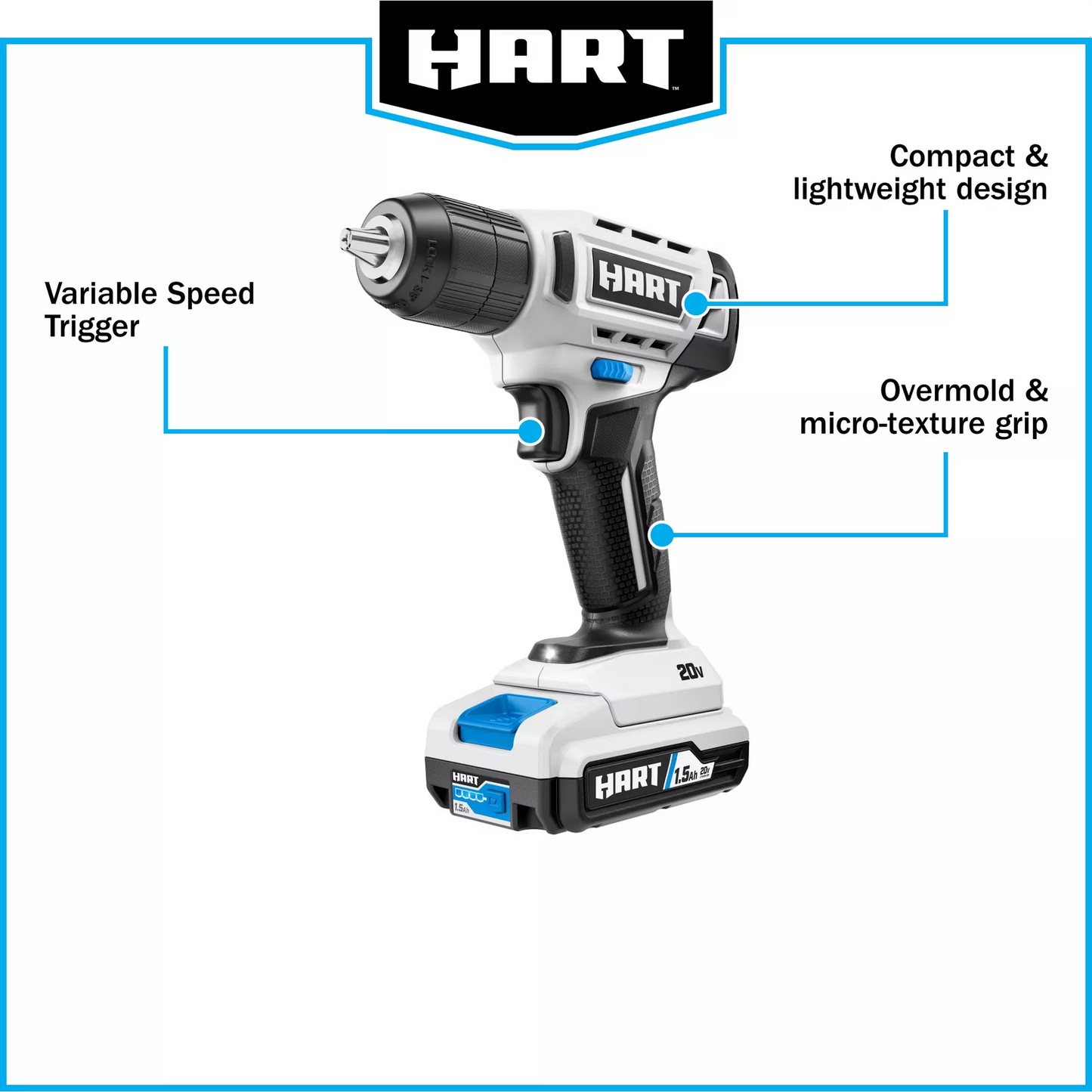 HART 20V 3/8” Drill/Driver Kit with 250 ft-lb Torque, 1.5Ah Lithium-Ion Battery and Charger
