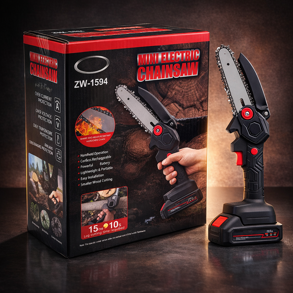 6-Inch Mini Electric Chainsaw 48V Cordless – Lightweight – Rechargeable 21V Battery