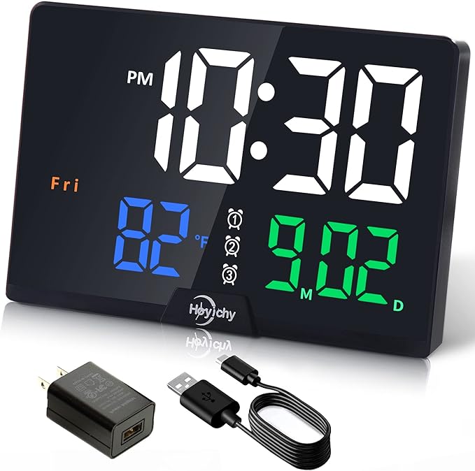 Digital Alarm Clock- Large Number LED Display – Calendar – Date – Temperature – Colored Digits