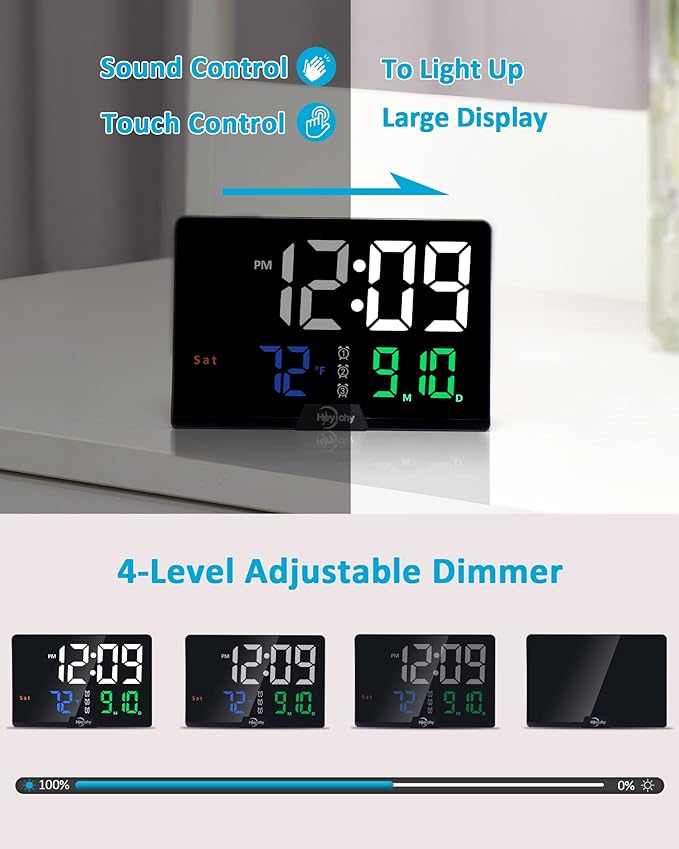 Digital Alarm Clock- Large Number LED Display – Calendar – Date – Temperature – Colored Digits