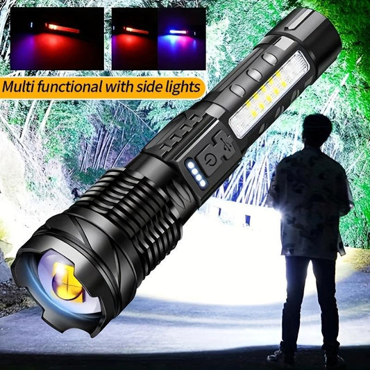AXL Senter LED Tactical Flashlight – 7 Modes – USB – Telescoping – Red Blue Warning with Battery – 1200mAh