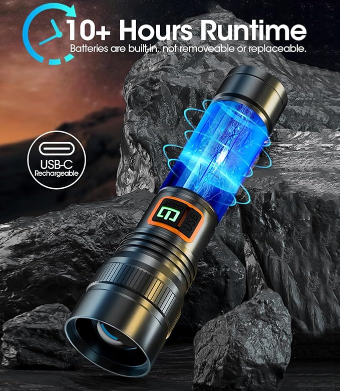 Rechargeable LED Flashlight – High Lumens – Zoomable – Waterproof – Batteries Included
