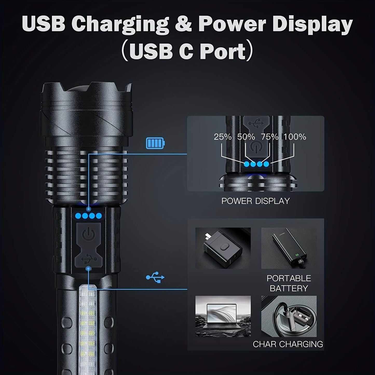 AXL Senter LED Tactical Flashlight – 7 Modes – USB – Telescoping – Red Blue Warning with Battery – 1200mAh