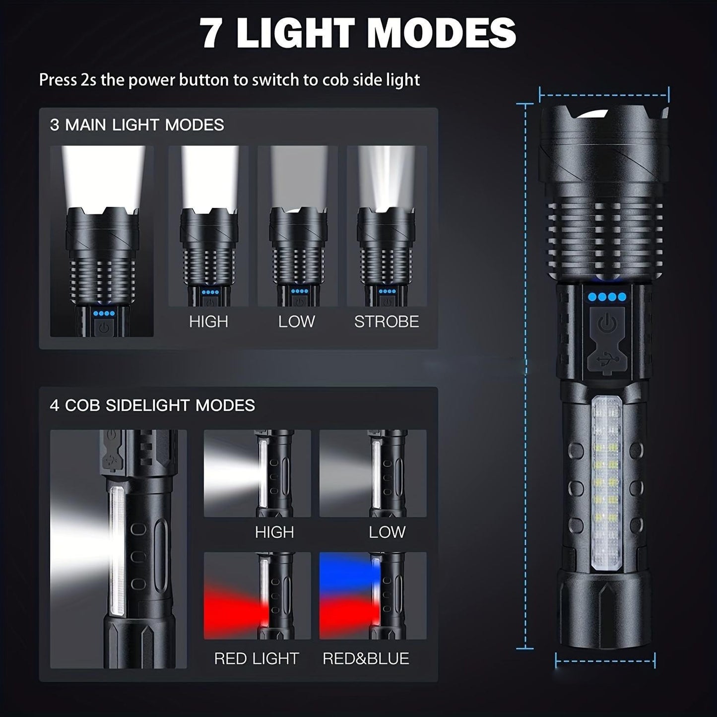 AXL Senter LED Tactical Flashlight – 7 Modes – USB – Telescoping – Red Blue Warning with Battery – 1200mAh