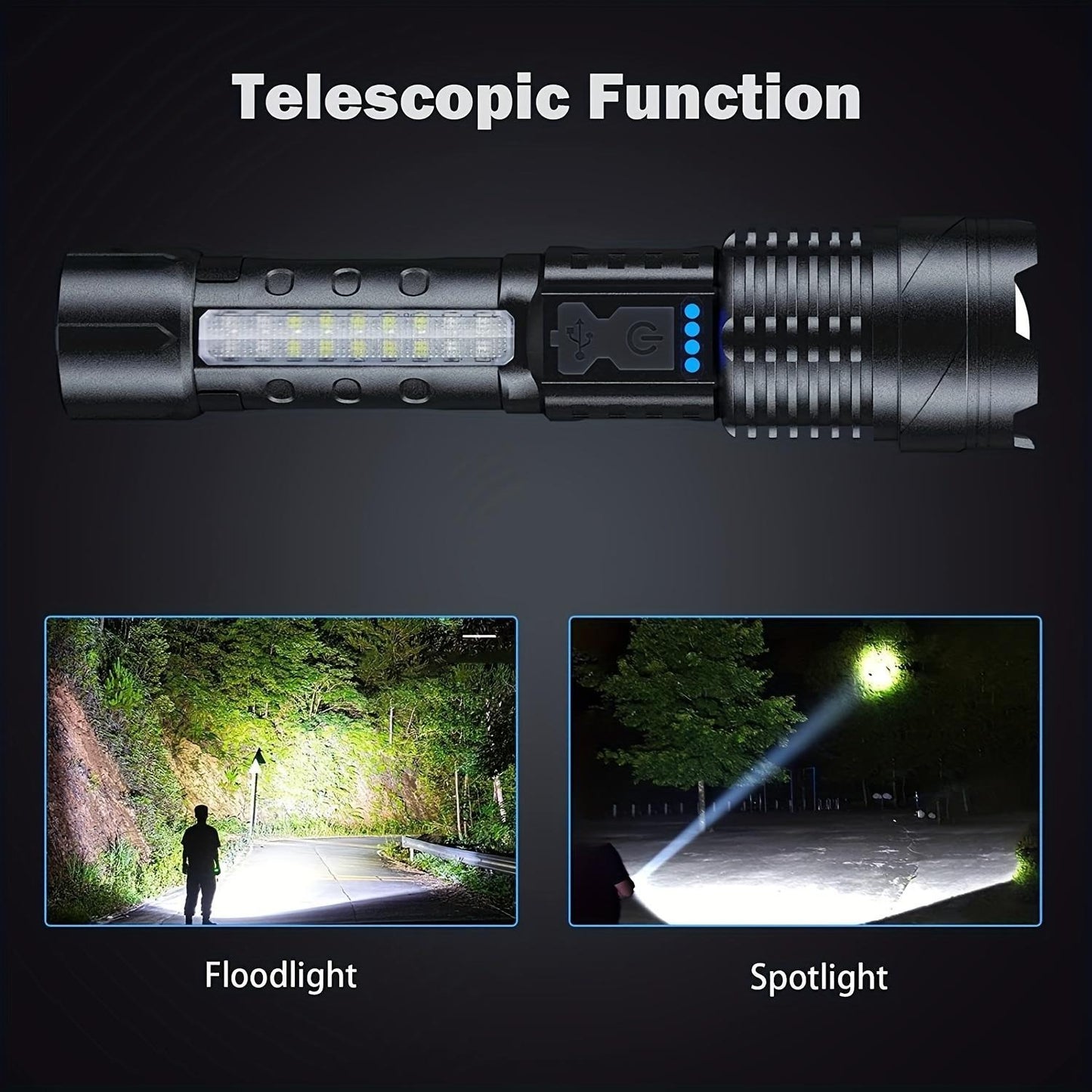 AXL Senter LED Tactical Flashlight – 7 Modes – USB – Telescoping – Red Blue Warning with Battery – 1200mAh